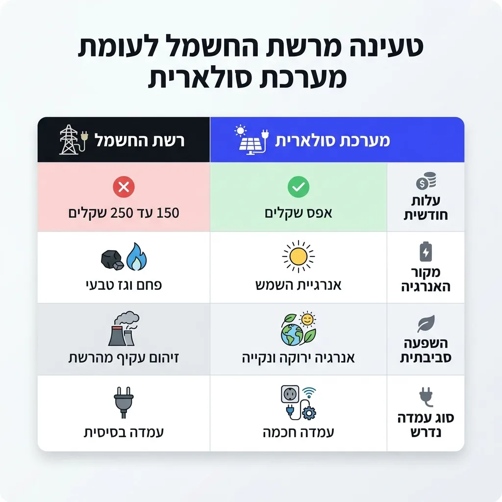 אינפוגרפיקה — טעינה מרשת החשמל לעומת מערכת סולארית: השוואה בין רשת החשמל, מערכת סולארית