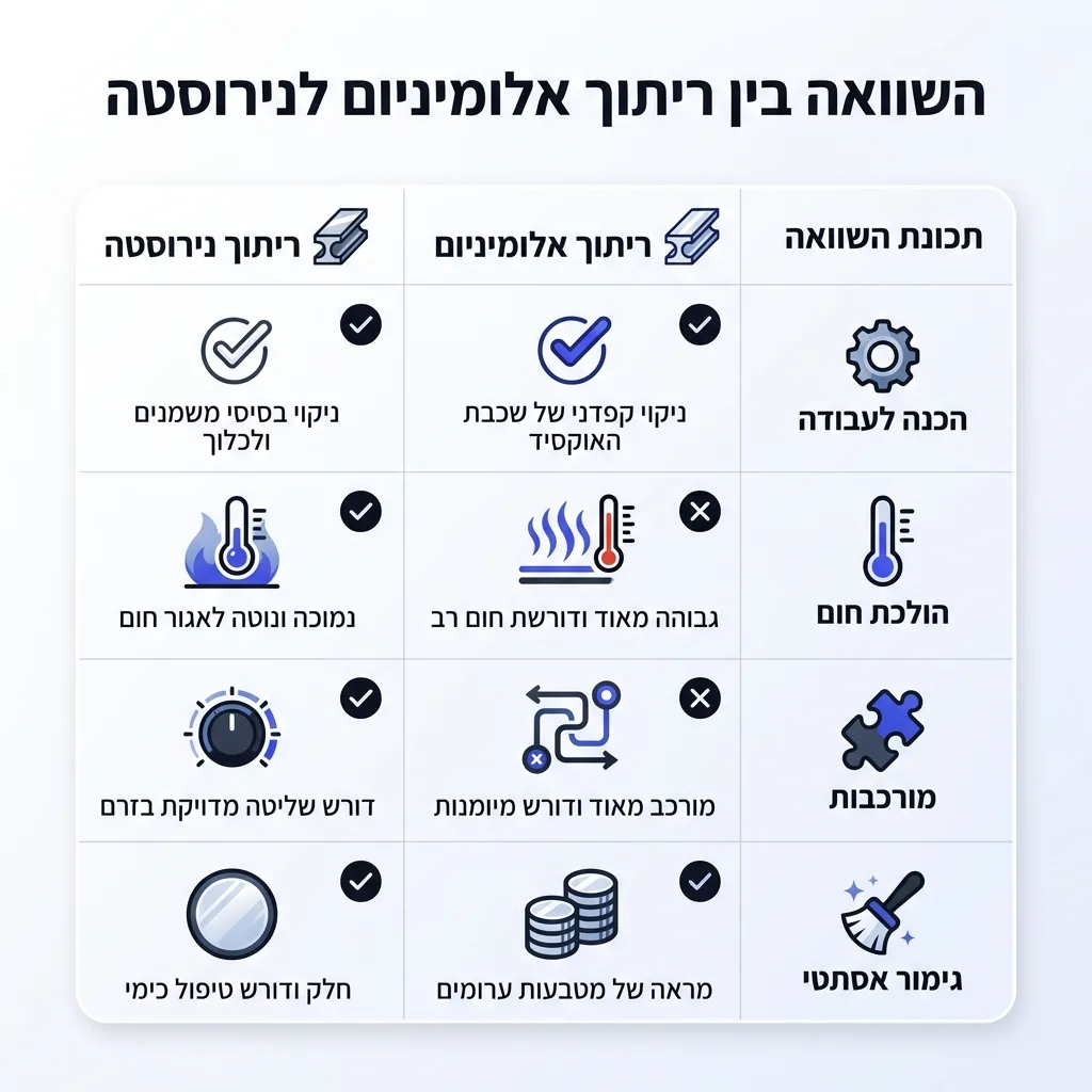 אינפוגרפיקה — השוואה בין ריתוך אלומיניום לנירוסטה: השוואה בין ריתוך אלומיניום, ריתוך נירוסטה