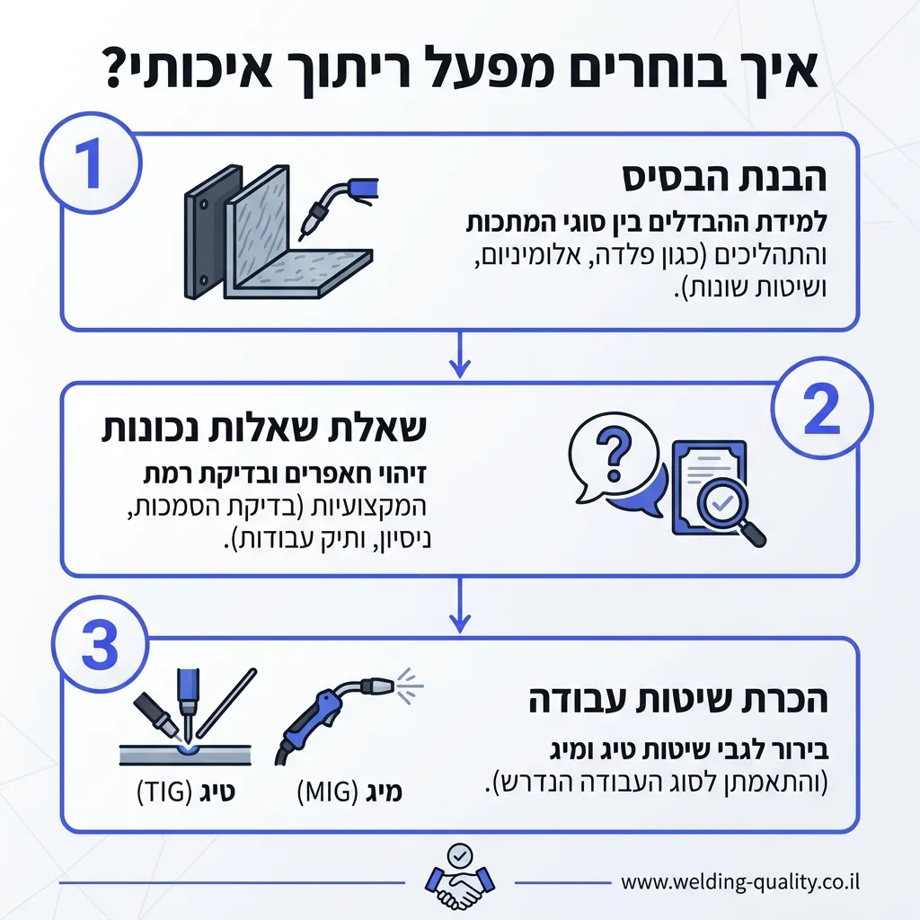 אינפוגרפיקה — איך בוחרים מפעל ריתוך איכותי?: הבנת הבסיס, שאלת שאלות נכונות, הכרת שיטות עבודה