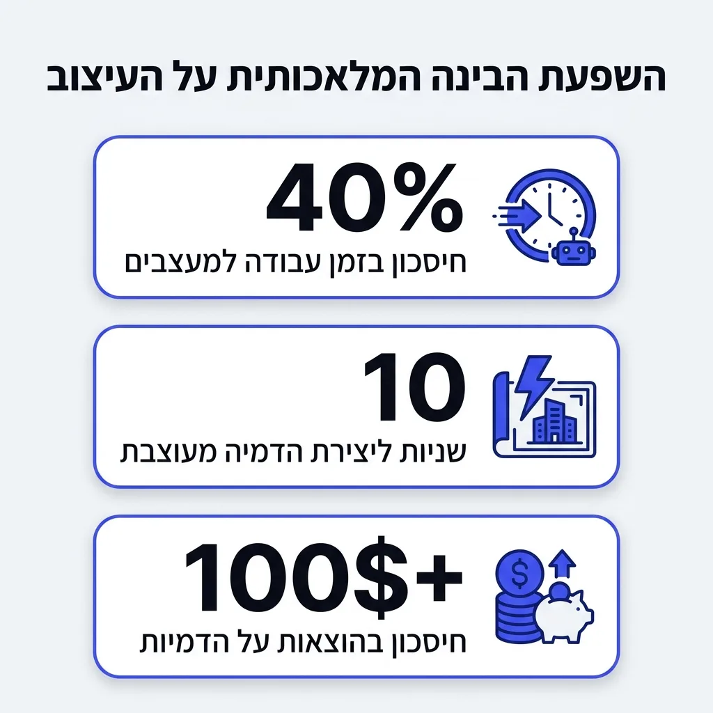 אינפוגרפיקה — השפעת הבינה המלאכותית על העיצוב: חיסכון בזמן עבודה למעצבים, שניות ליצירת הדמיה מעוצבת, חיסכון בהוצאות על הדמיות