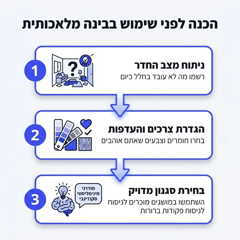 אינפוגרפיקה — הכנה לפני שימוש בבינה מלאכותית: ניתוח מצב החדר, הגדרת צרכים והעדפות, בחירת סגנון מדויק