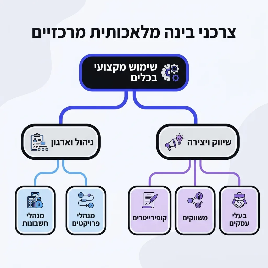 אינפוגרפיקה — צרכני בינה מלאכותית מרכזיים: שימוש מקצועי בכלים