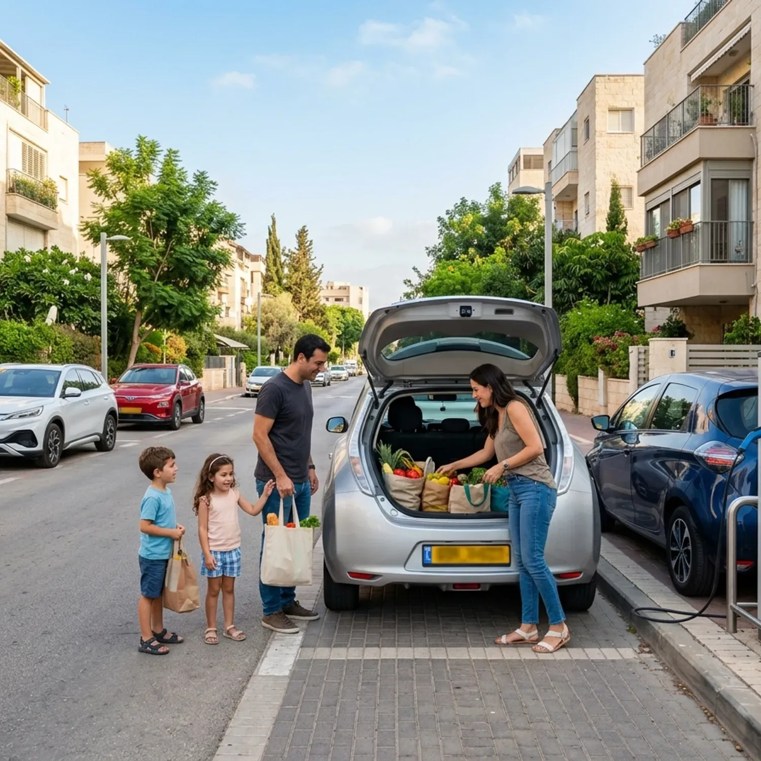 צילום מציאותי של רחוב ישראלי טיפוסי באור יום, שבו חונים מספר רכבים חשמליים מודרניים, עמדת טעינה ציבורית ברקע ומשפחה מעמיסה קניות לתא המטען של רכב כסוף, תאורה טבעית חמימה, פוקוס עמוק
