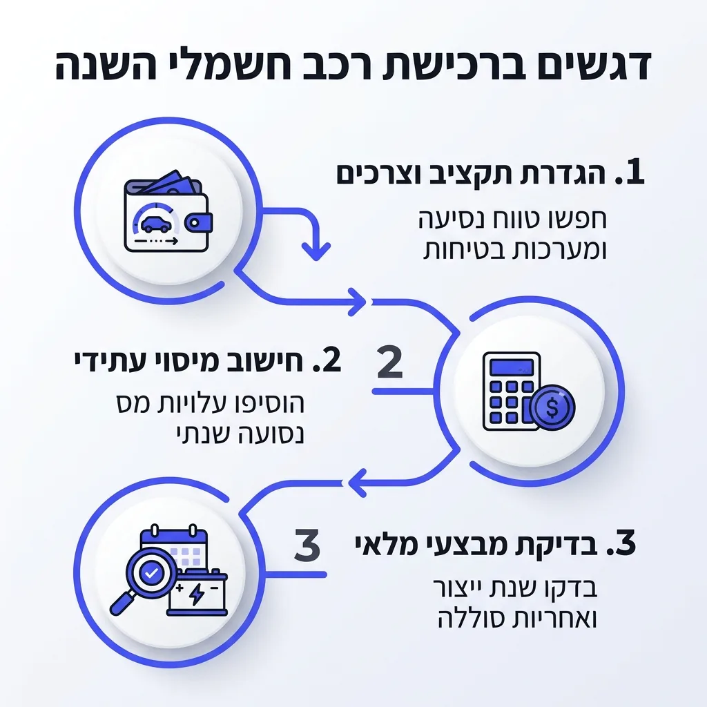 אינפוגרפיקה — דגשים ברכישת רכב חשמלי השנה: הגדרת תקציב וצרכים, חישוב מיסוי עתידי, בדיקת מבצעי מלאי