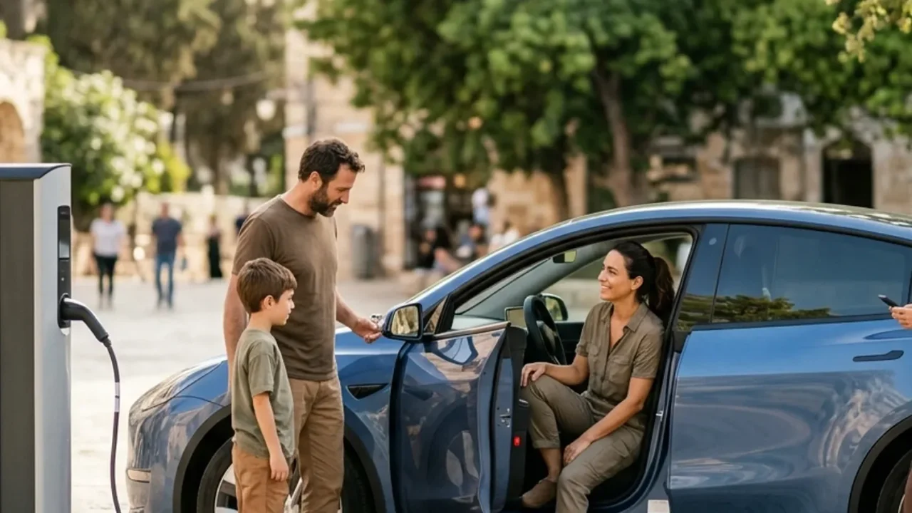 משפחה מטעינה רכב חשמלי חדיש בעמדת טעינה ביתית או ציבורית ביום שמש.