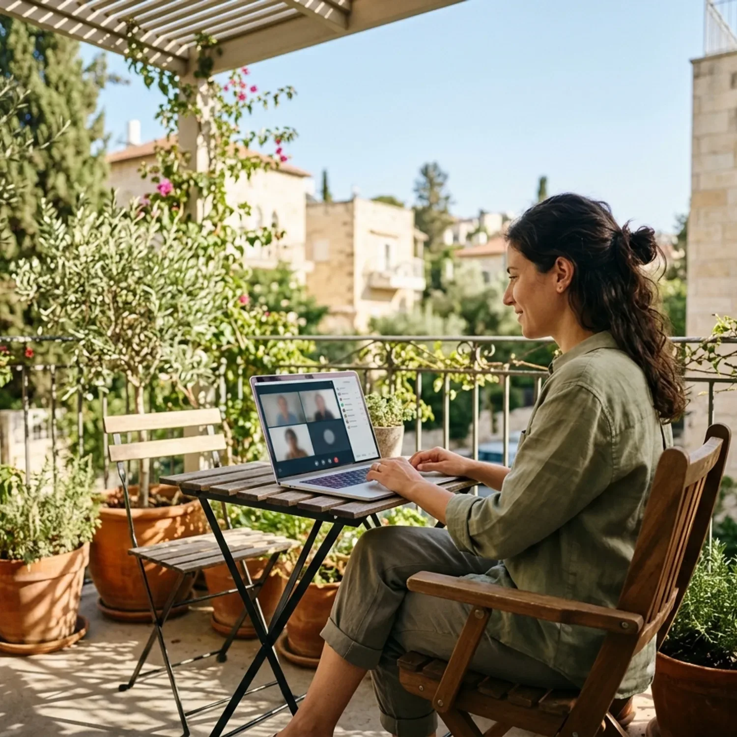 צילום מזווית נמוכה של אדם עובד מהבית במרפסת, המחשב הנייד על שולחן קטן, ברקע צמחייה ואור שמש נעים, על המסך נראית שיחת וידאו.