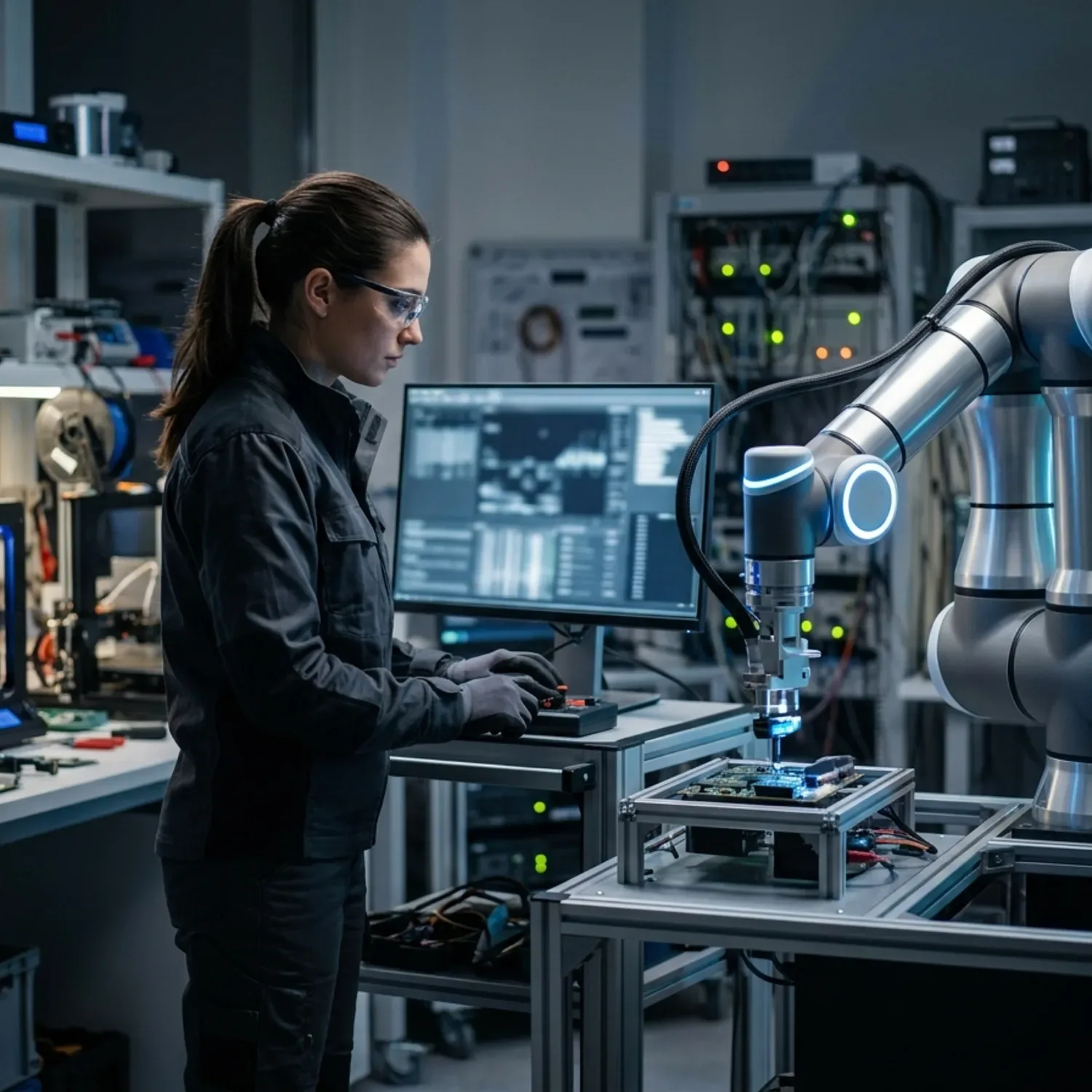 צילום איכותי של רובוט מתקדם במראה תעשייתי עובד לצד מהנדסת במעבדת פיתוח חדישה, אורות כחולים ולבנים, צילום חד ברזולוציה גבוהה