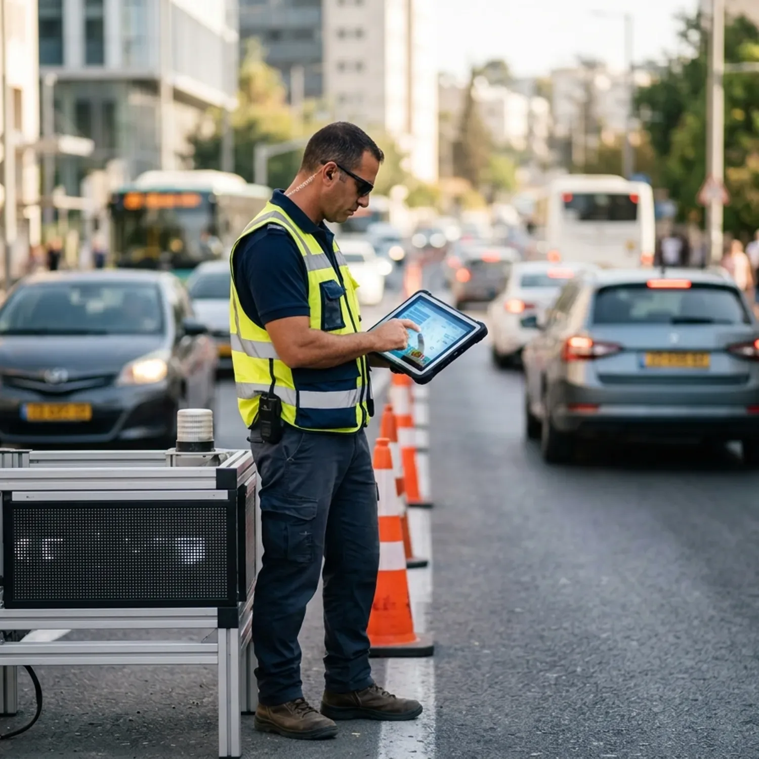 צילום ריאליסטי של פקח תנועה מקצועי ביום קיץ, עומד ליד מחסום תנועה חכם המופעל באמצעות טאבלט, ברקע תנועת רכבים זורמת בנתיב צר ומוגדר היטב, עומק שדה רדוד המתמקד במסך הטאבלט