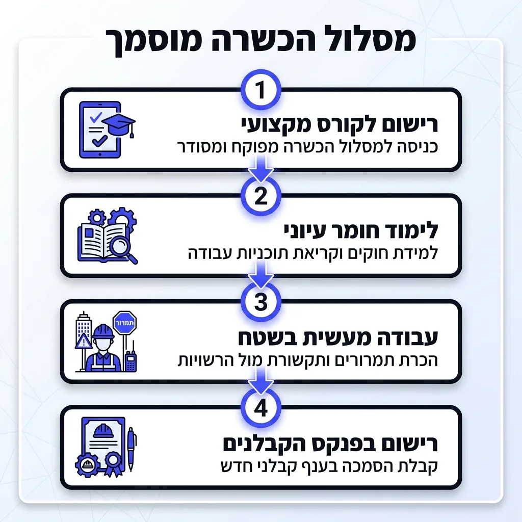 אינפוגרפיקה — מסלול הכשרה מוסמך: רישום לקורס מקצועי, לימוד חומר עיוני, עבודה מעשית בשטח, רישום בפנקס הקבלנים