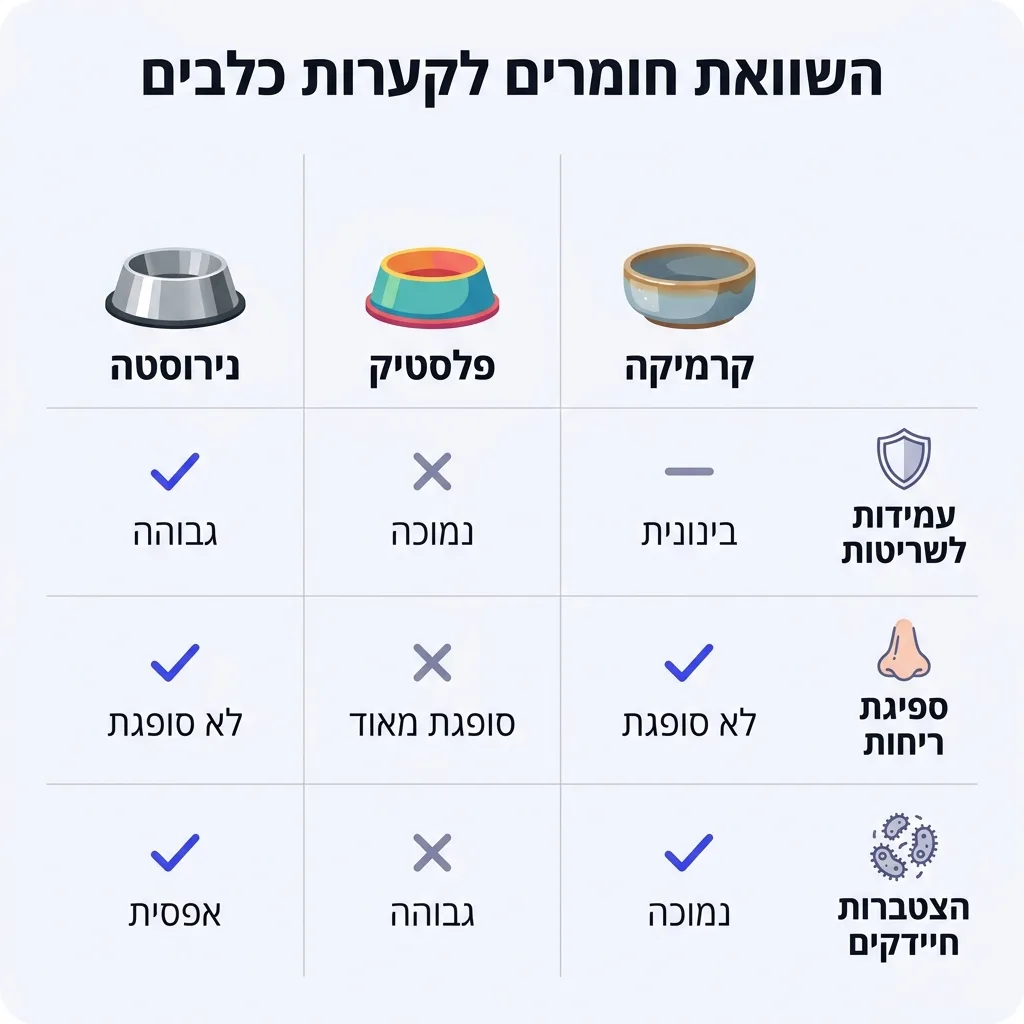 אינפוגרפיקה — השוואת חומרים לקערות כלבים: השוואה בין נירוסטה, פלסטיק, קרמיקה