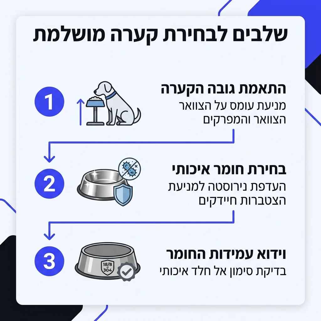 אינפוגרפיקה — שלבים לבחירת קערה מושלמת: התאמת גובה הקערה, בחירת חומר איכותי, וידוא עמידות החומר