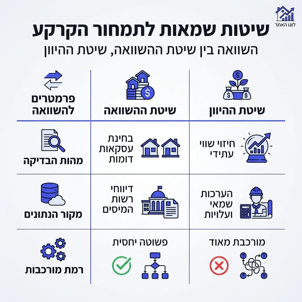 אינפוגרפיקה — שיטות שמאות לתמחור הקרקע: השוואה בין שיטת ההשוואה, שיטת ההיוון