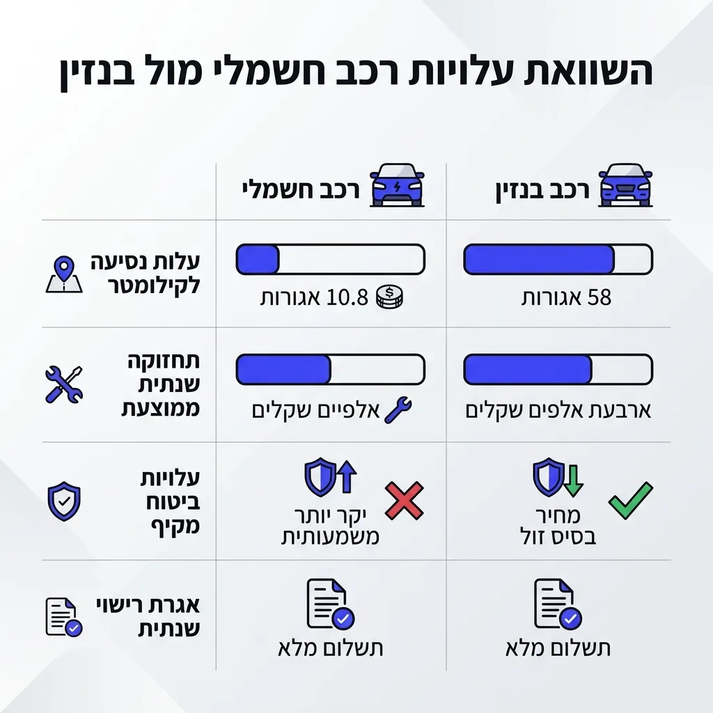 אינפוגרפיקה — השוואת עלויות רכב חשמלי מול בנזין: השוואה בין רכב חשמלי, רכב בנזין