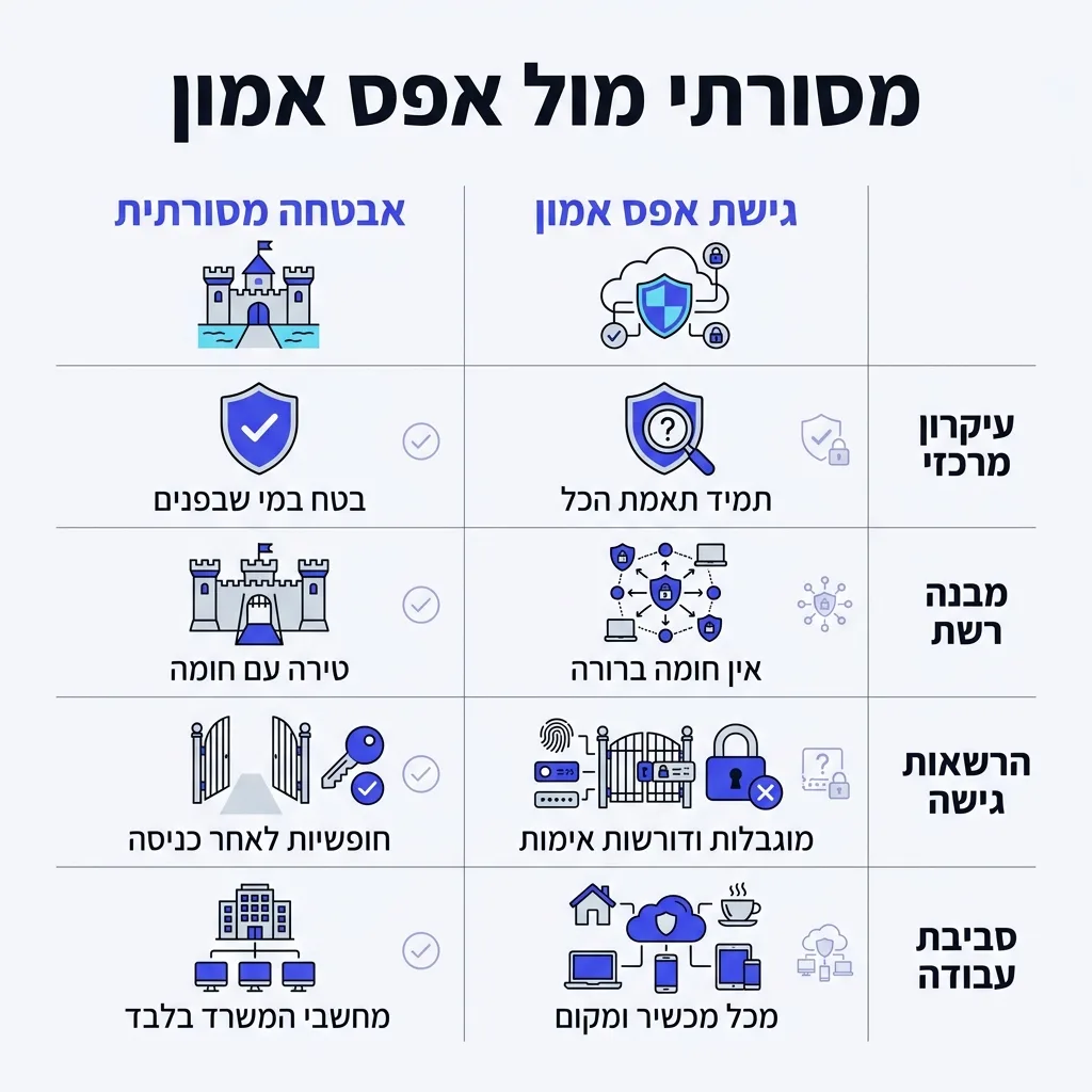 אינפוגרפיקה — מסורתי מול אפס אמון: השוואה בין אבטחה מסורתית, גישת אפס אמון