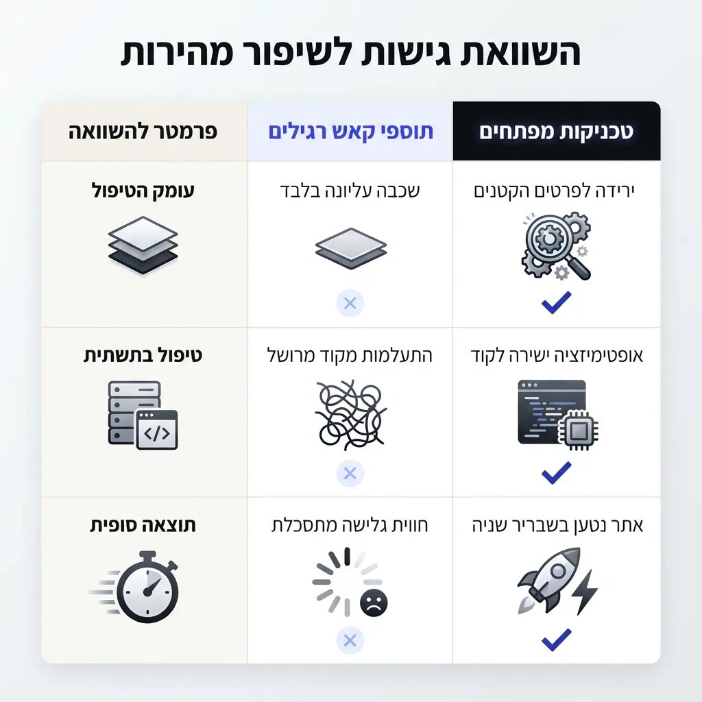 אינפוגרפיקה — השוואת גישות לשיפור מהירות: השוואה בין תוספי קאש רגילים, טכניקות מפתחים