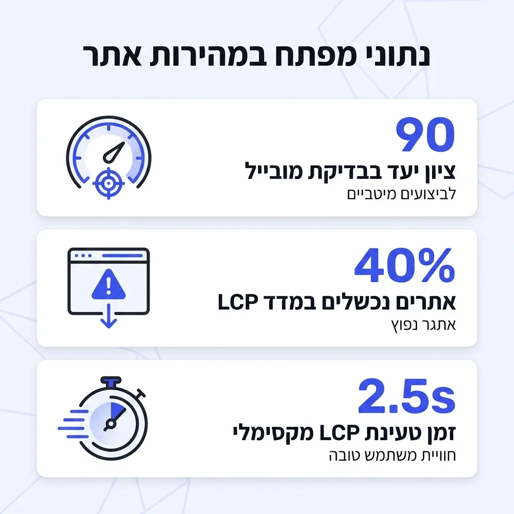 אינפוגרפיקה — נתוני מפתח במהירות אתר: ציון יעד בבדיקת מובייל, אתרים נכשלים במדד LCP, זמן טעינת LCP מקסימלי
