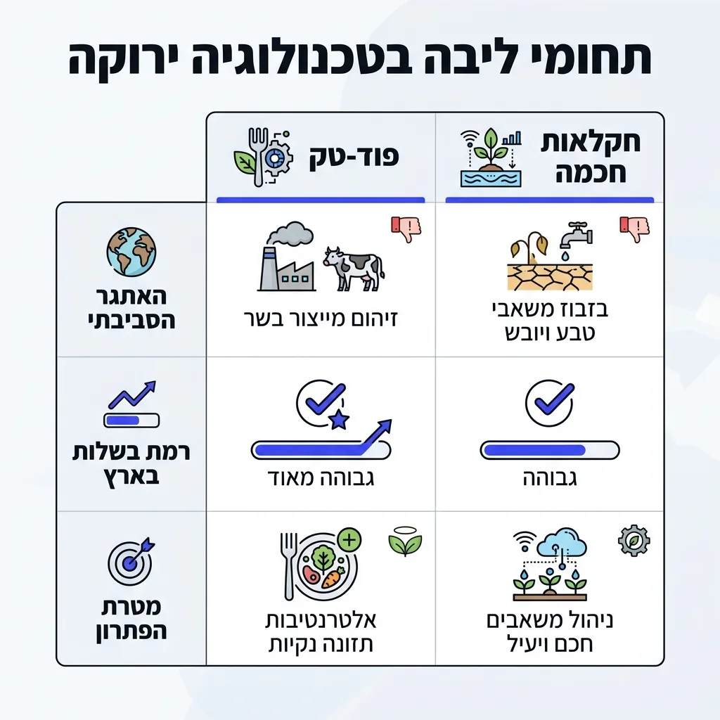 אינפוגרפיקה — תחומי ליבה בטכנולוגיה ירוקה: השוואה בין פוד-טק, חקלאות חכמה