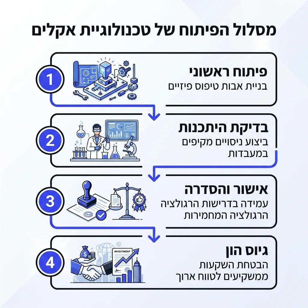 אינפוגרפיקה — מסלול הפיתוח של טכנולוגיית אקלים: פיתוח ראשוני, בדיקת היתכנות, אישור והסדרה, גיוס הון