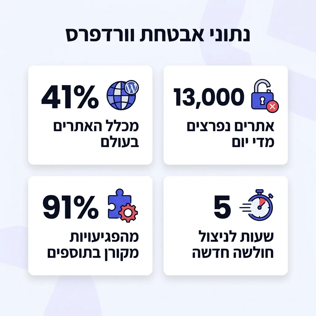 אינפוגרפיקה — נתוני אבטחת וורדפרס: מכלל האתרים בעולם, אתרים נפרצים מדי יום, מהפגיעויות מקורן בתוספים, שעות לניצול חולשה חדשה