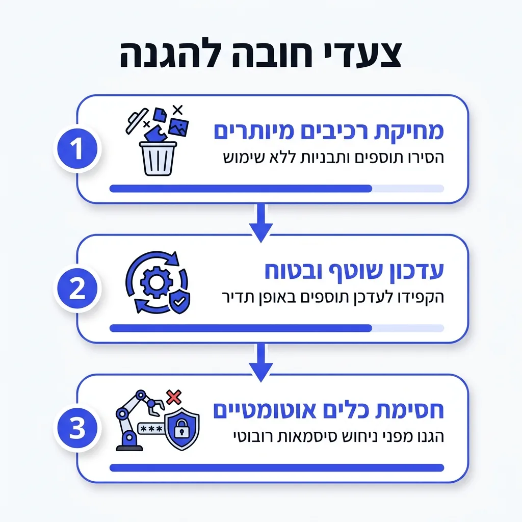 אינפוגרפיקה — צעדי חובה להגנה: מחיקת רכיבים מיותרים, עדכון שוטף ובטוח, חסימת כלים אוטומטיים