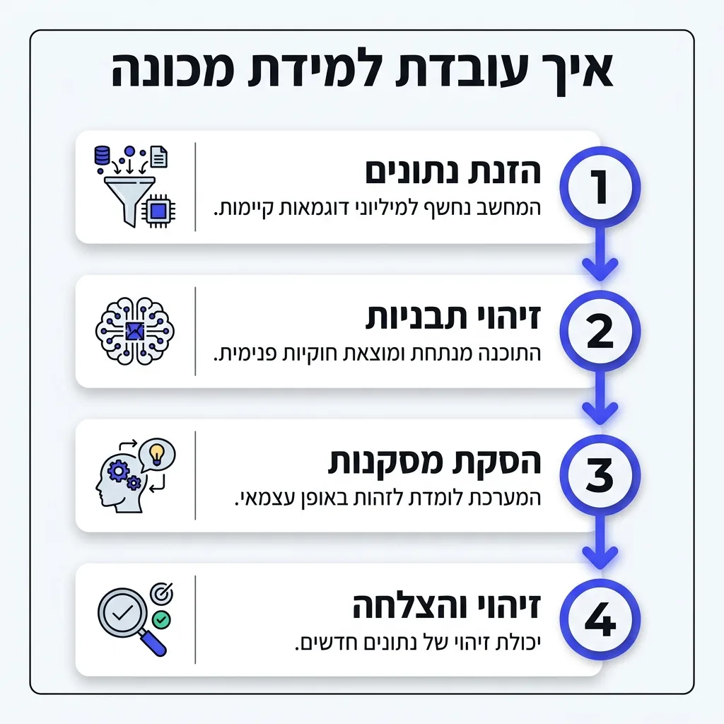 אינפוגרפיקה — איך עובדת למידת מכונה: הזנת נתונים, זיהוי תבניות, הסקת מסקנות, זיהוי והצלחה
