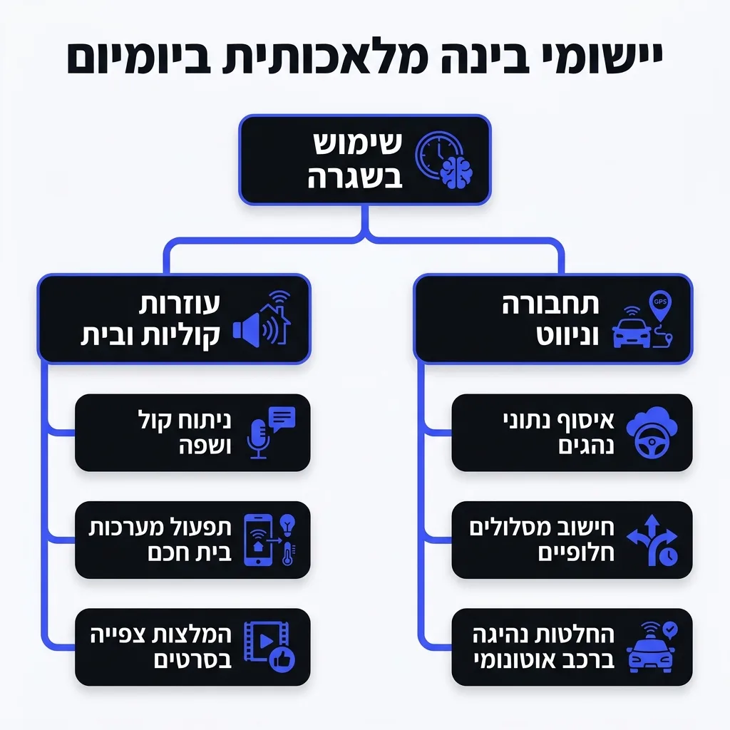 אינפוגרפיקה — יישומי בינה מלאכותית ביומיום: שימוש בשגרה