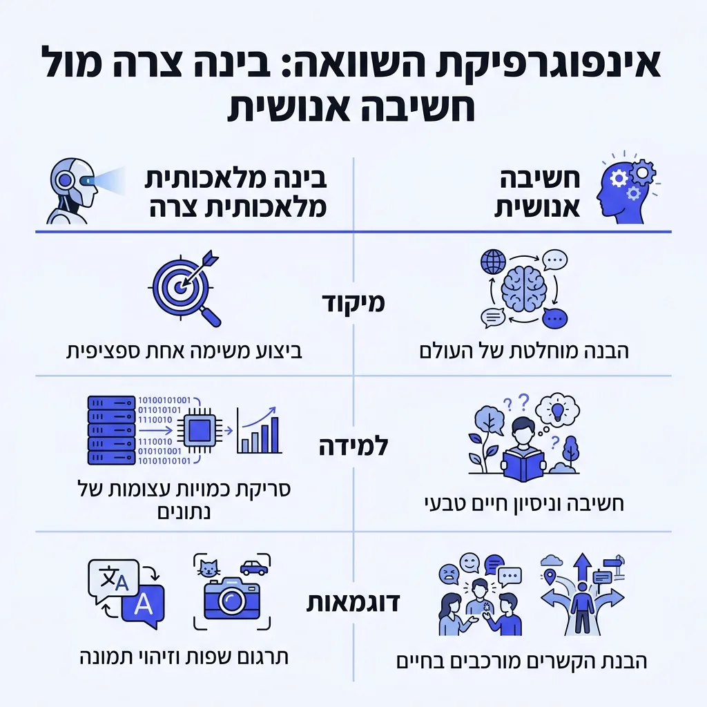 אינפוגרפיקה — בינה צרה מול חשיבה אנושית: השוואה בין בינה מלאכותית צרה, חשיבה אנושית