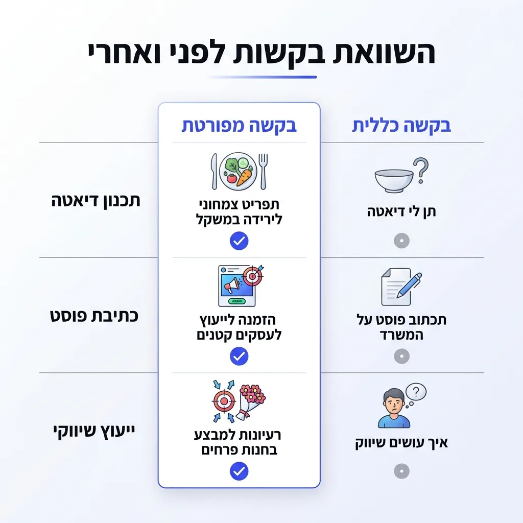 אינפוגרפיקה — השוואת בקשות לפני ואחרי: השוואה בין בקשה כללית, בקשה מפורטת