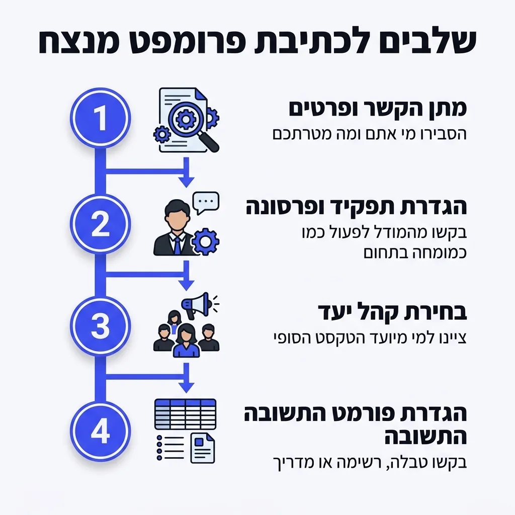 אינפוגרפיקה — שלבים לכתיבת פרומפט מנצח: מתן הקשר ופרטים, הגדרת תפקיד ופרסונה, בחירת קהל יעד, הגדרת פורמט התשובה