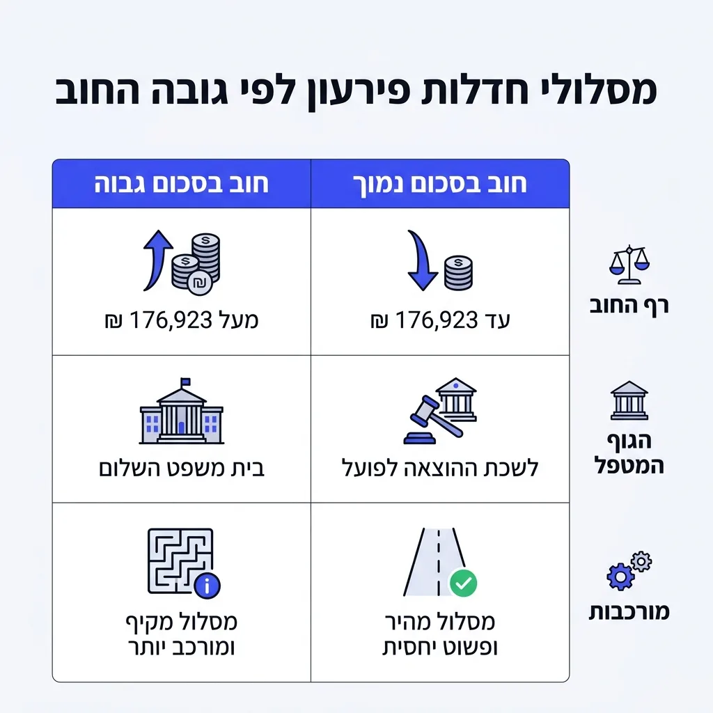 אינפוגרפיקה — מסלולי חדלות פירעון לפי גובה החוב: השוואה בין חוב בסכום נמוך, חוב בסכום גבוה