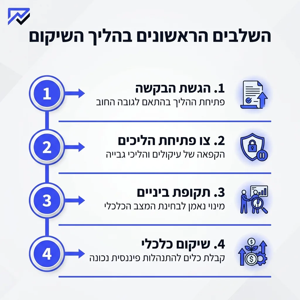 אינפוגרפיקה — השלבים הראשונים בהליך השיקום: הגשת הבקשה, צו פתיחת הליכים, תקופת ביניים, שיקום כלכלי