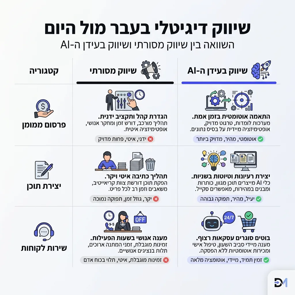 אינפוגרפיקה — שיווק דיגיטלי בעבר מול היום: השוואה בין שיווק מסורתי, שיווק בעידן ה-AI
