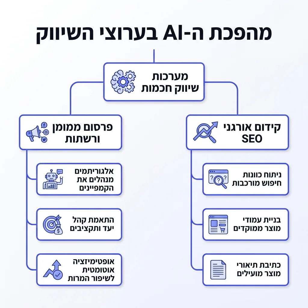 אינפוגרפיקה — מהפכת ה-AI בערוצי השיווק: מערכות שיווק חכמות