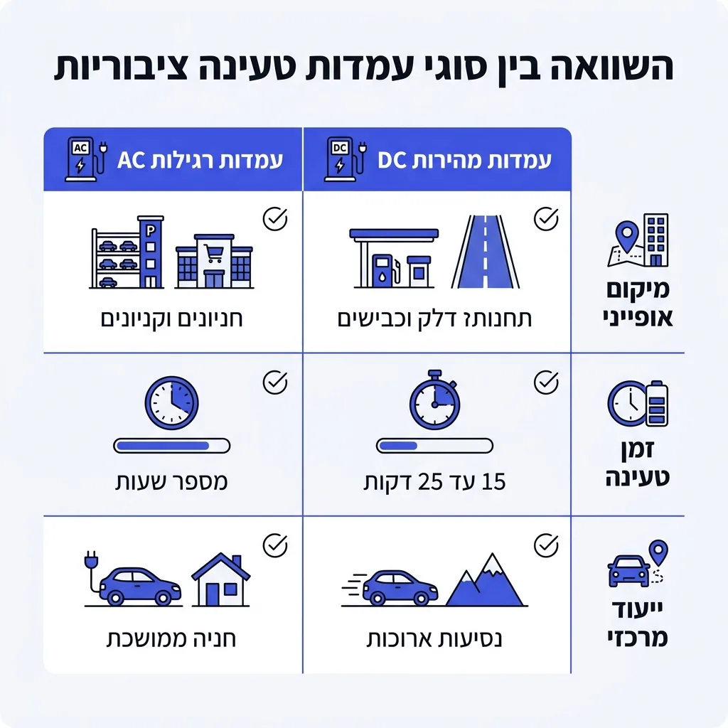 אינפוגרפיקה — השוואה בין סוגי עמדות טעינה ציבוריות: השוואה בין עמדות רגילות AC, עמדות מהירות DC