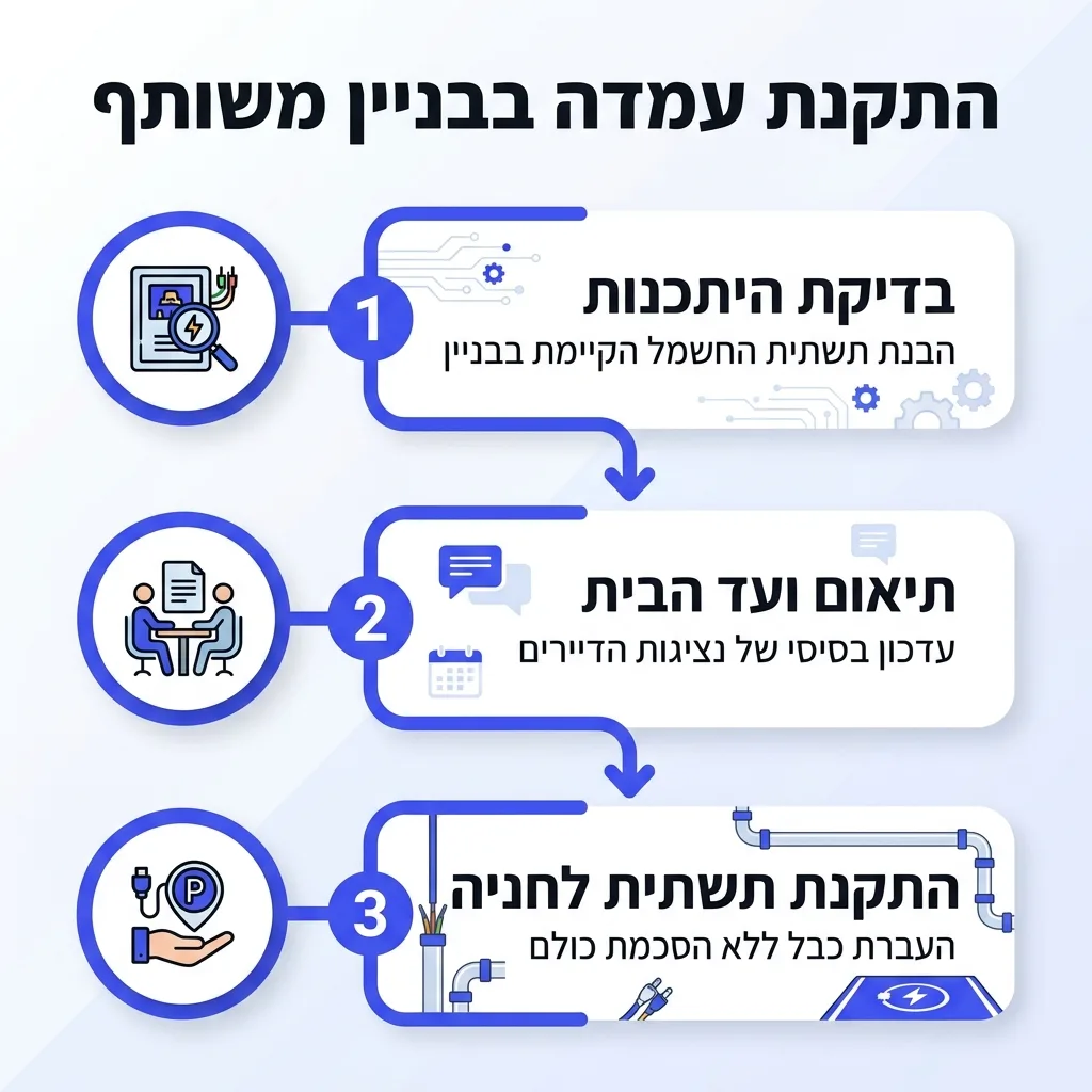 אינפוגרפיקה — התקנת עמדה בבניין משותף: בדיקת היתכנות, תיאום ועד הבית, התקנת תשתית לחניה