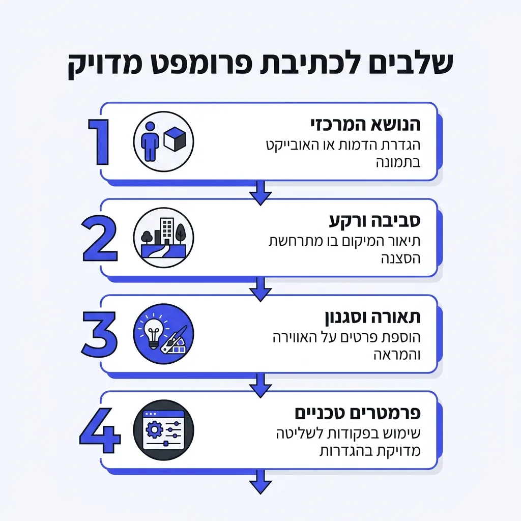 אינפוגרפיקה — שלבים לכתיבת פרומפט מדויק: הנושא המרכזי, סביבה ורקע, תאורה וסגנון, פרמטרים טכניים