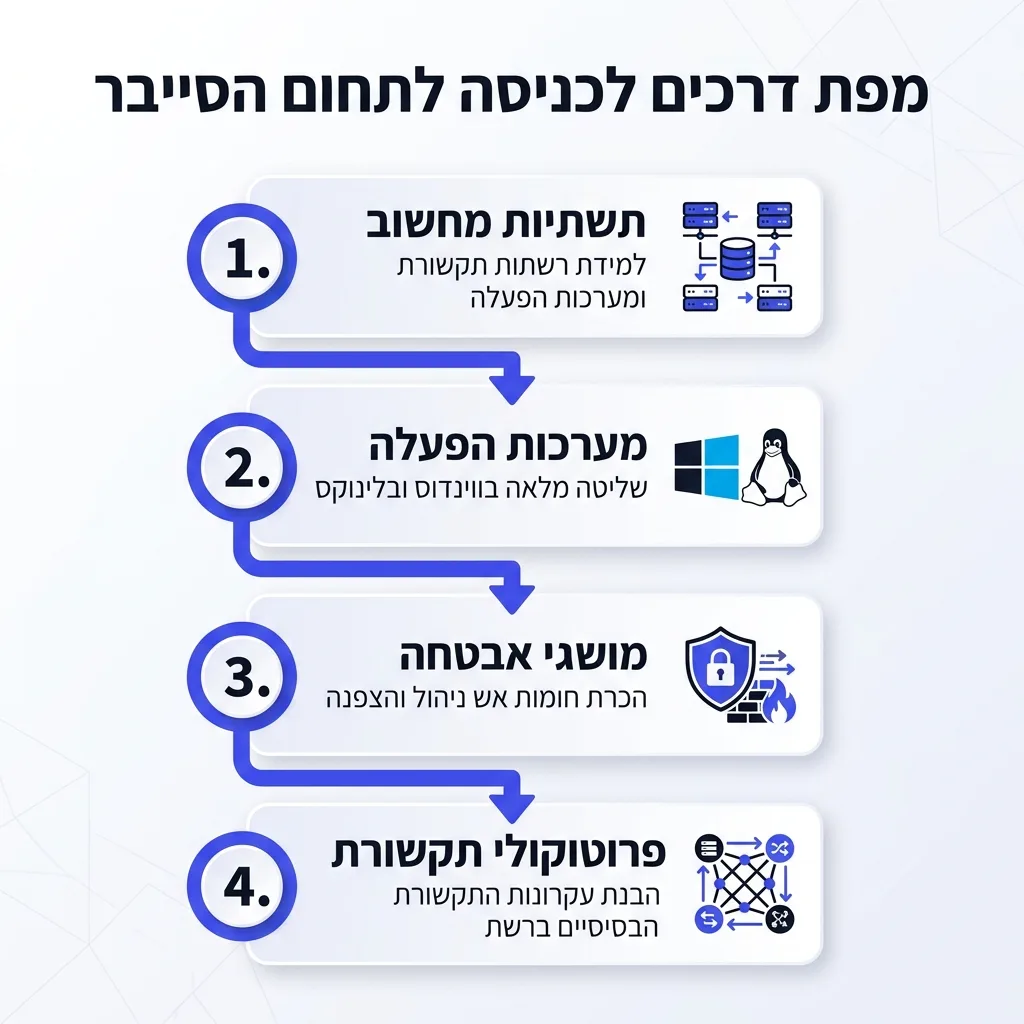 אינפוגרפיקה — מפת דרכים לכניסה לתחום הסייבר: תשתיות מחשוב, מערכות הפעלה, מושגי אבטחה, פרוטוקולי תקשורת