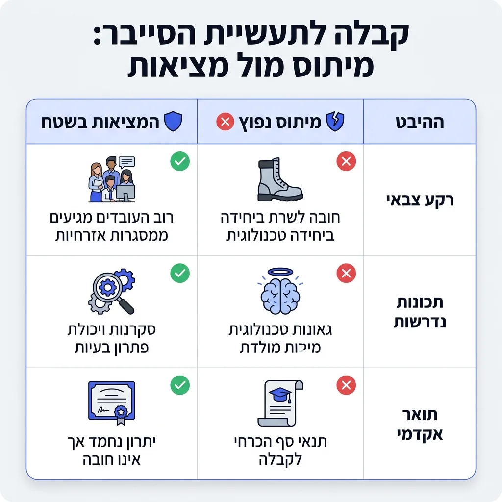 אינפוגרפיקה — קבלה לתעשיית הסייבר מיתוס מול מציאות: השוואה בין המיתוס הנפוץ, המציאות בשטח