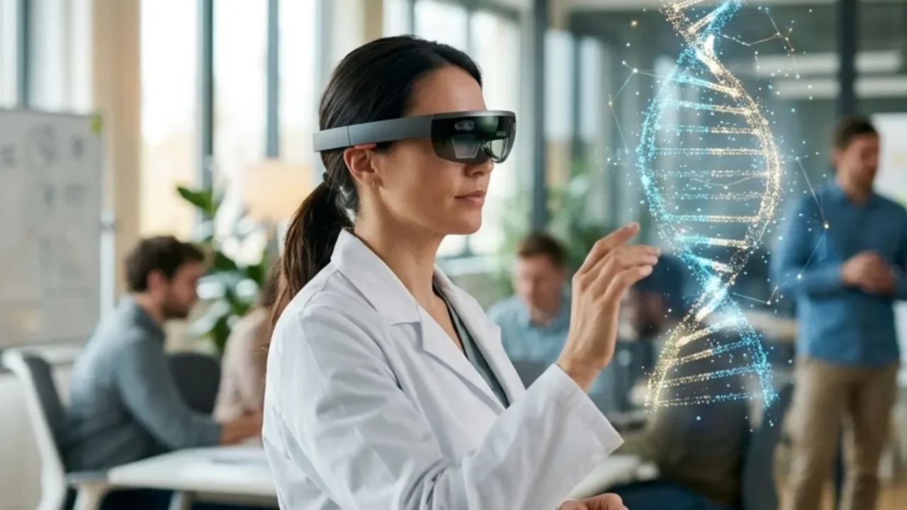 שילוב של סליל DNA דיגיטלי, רופא עם משקפי מציאות רבודה (VR) ורקע של סטארטאפ מודרני.