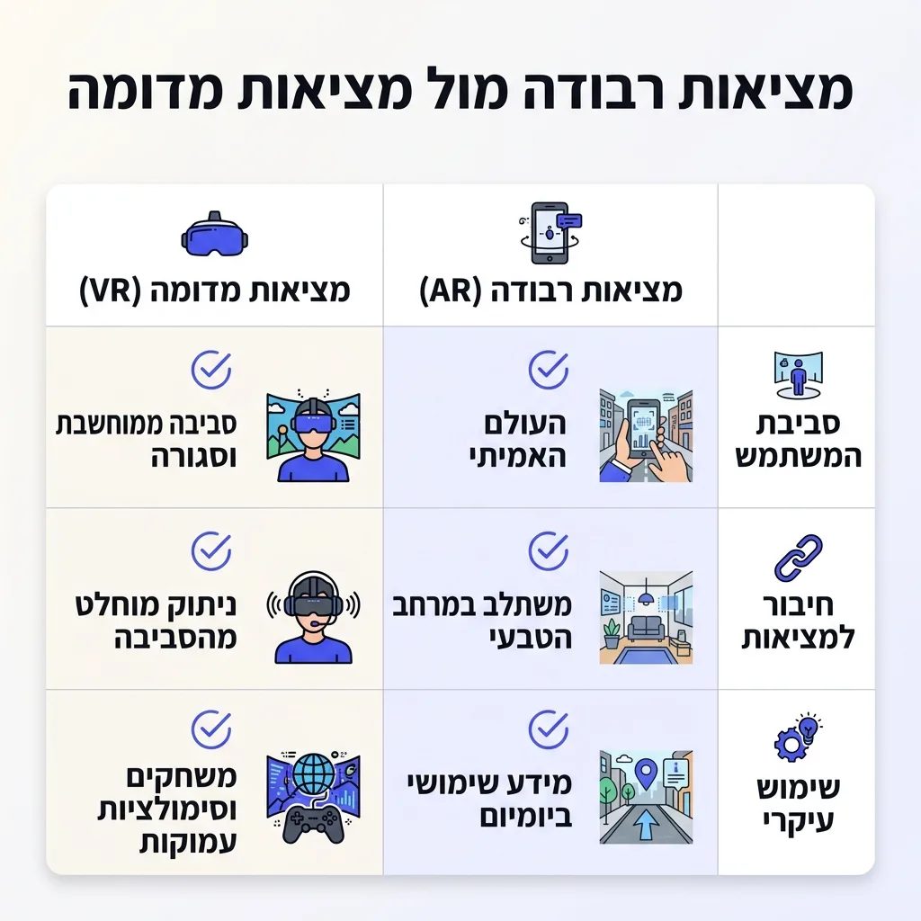 אינפוגרפיקה — מציאות רבודה מול מציאות מדומה: השוואה בין מציאות רבודה AR, מציאות מדומה VR