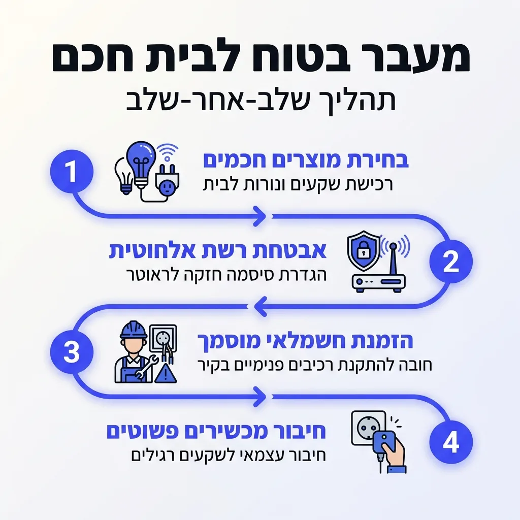 אינפוגרפיקה — מעבר בטוח לבית חכם: בחירת מוצרים חכמים, אבטחת רשת אלחוטית, הזמנת חשמלאי מוסמך, חיבור מכשירים פשוטים