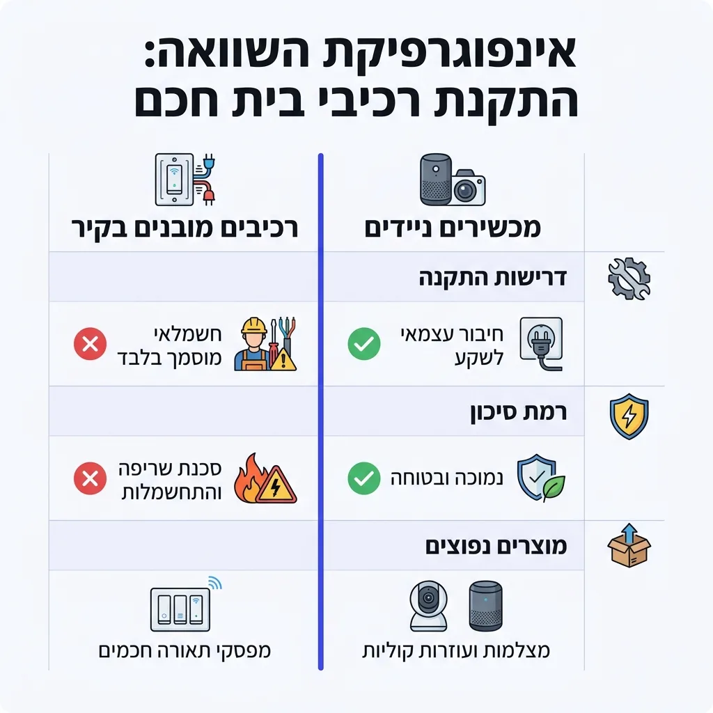 אינפוגרפיקה — התקנת רכיבי בית חכם: השוואה בין מכשירים ניידים, רכיבים מובנים בקיר