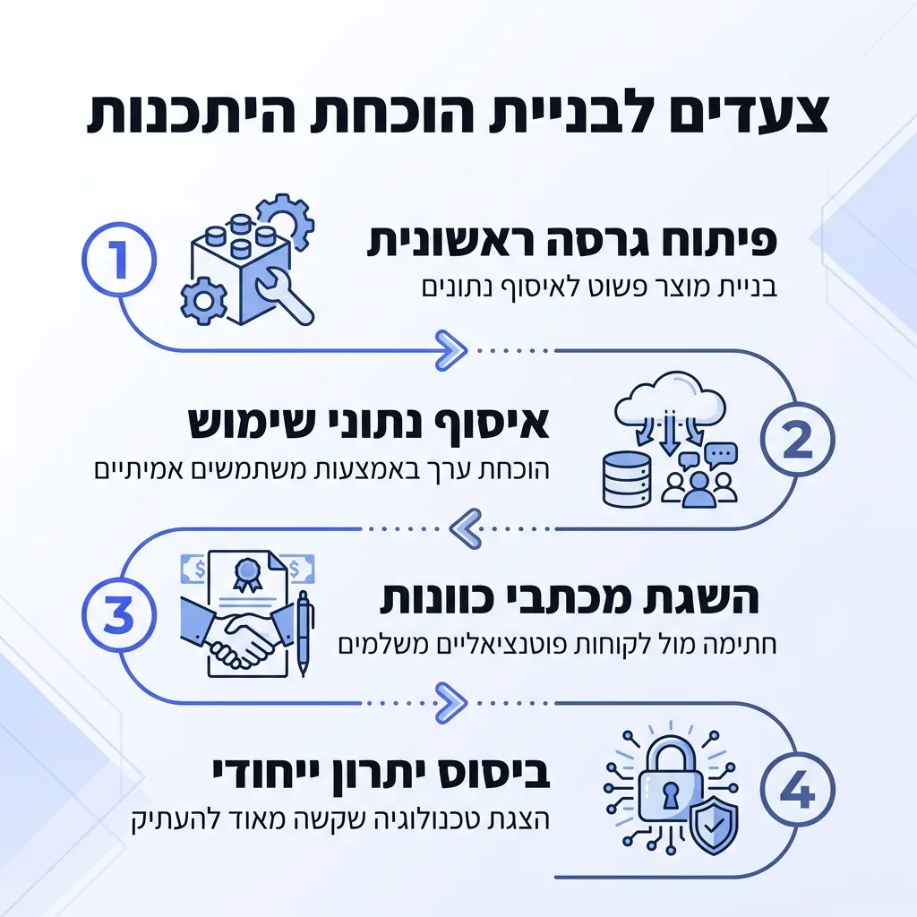 אינפוגרפיקה — צעדים לבניית הוכחת היתכנות: פיתוח גרסה ראשונית, איסוף נתוני שימוש, השגת מכתבי כוונות, ביסוס יתרון ייחודי