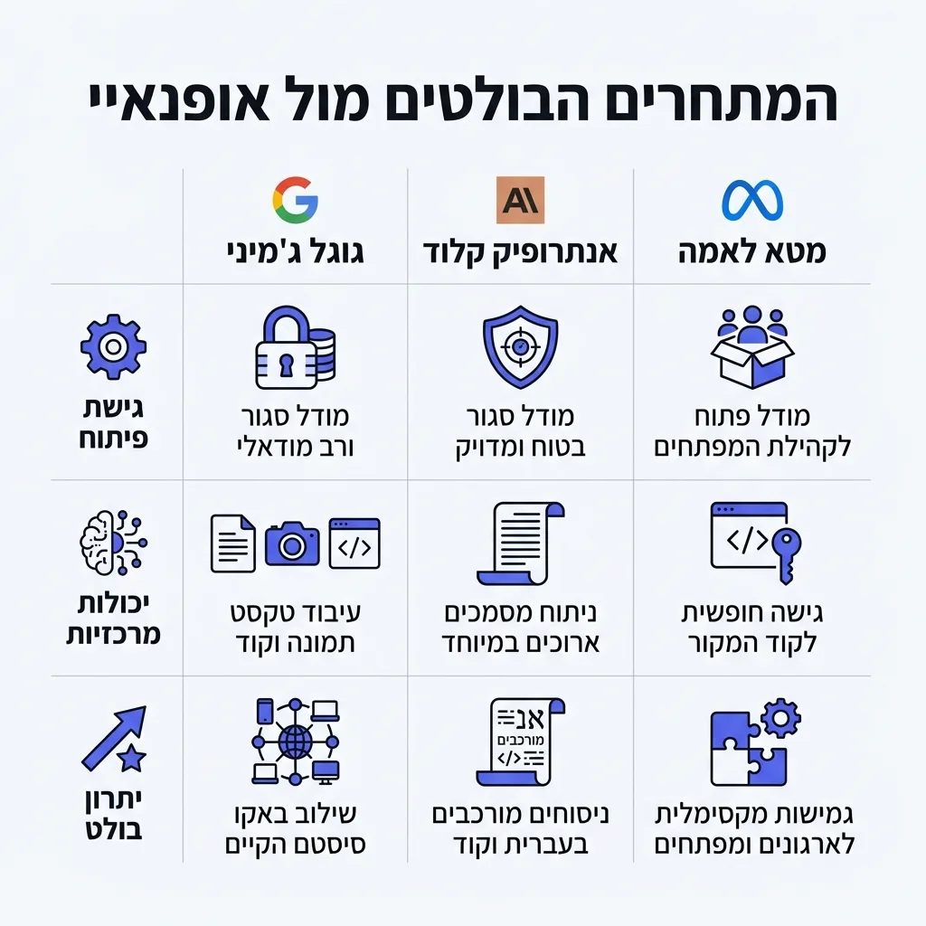 אינפוגרפיקה — המתחרים הבולטים מול אופנאיי: השוואה בין גוגל ג'מיני, אנתרופיק קלוד, מטא לאמה