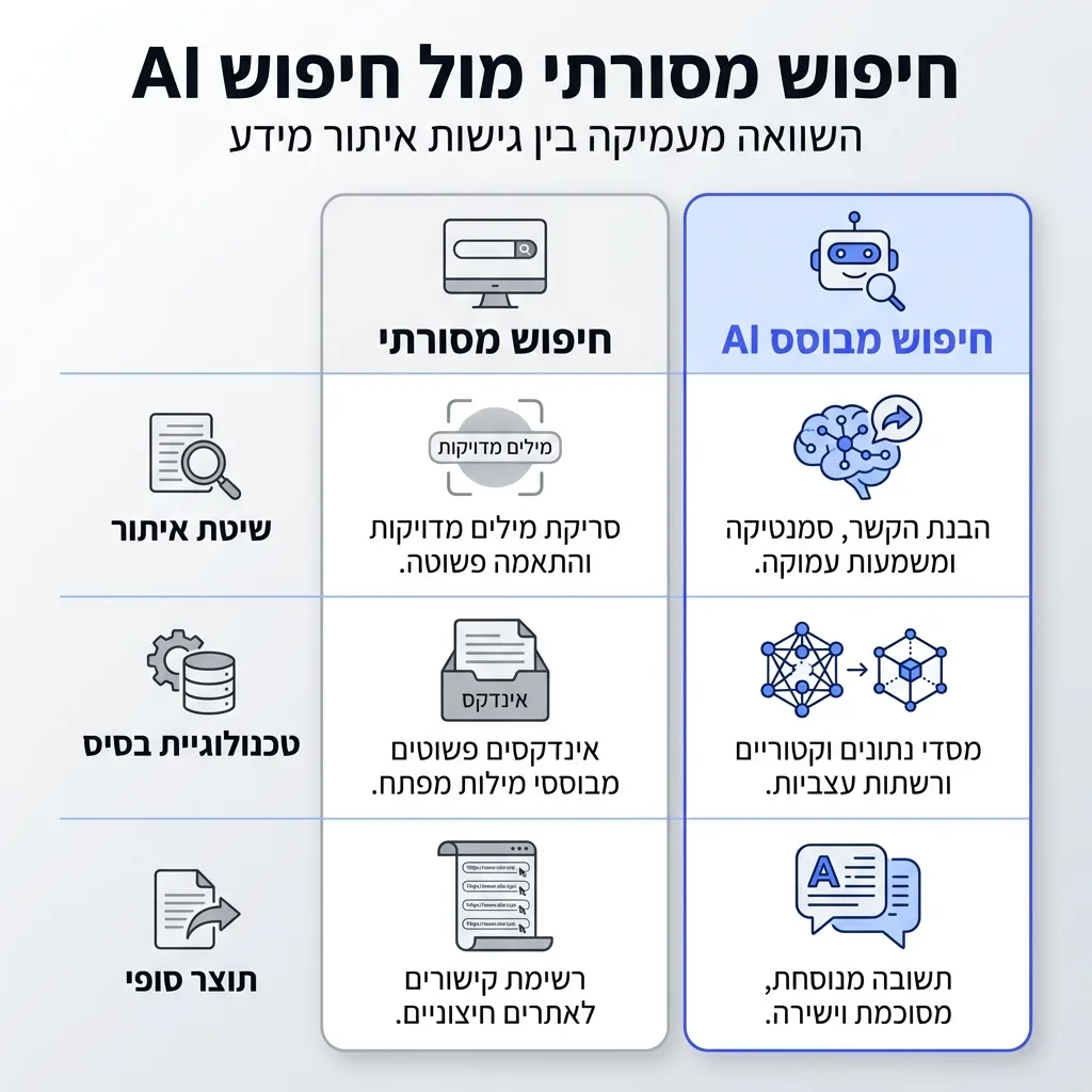 אינפוגרפיקה — חיפוש מסורתי מול חיפוש AI: השוואה בין חיפוש מסורתי, חיפוש מבוסס AI