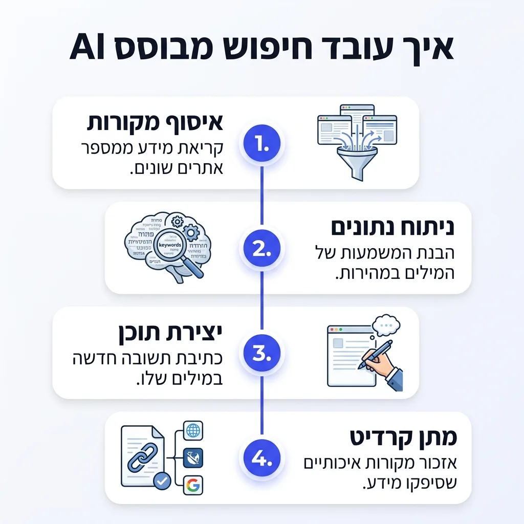 אינפוגרפיקה — איך עובד חיפוש מבוסס AI: איסוף מקורות, ניתוח נתונים, יצירת תוכן, מתן קרדיט