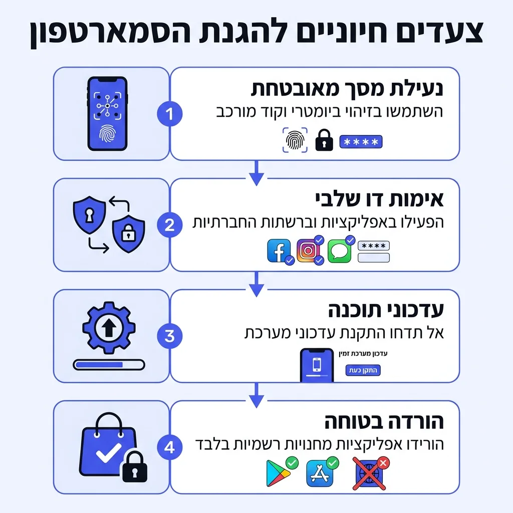 אינפוגרפיקה — צעדים חיוניים להגנת הסמארטפון: נעילת מסך מאובטחת, אימות דו שלבי, עדכוני תוכנה, הורדה בטוחה