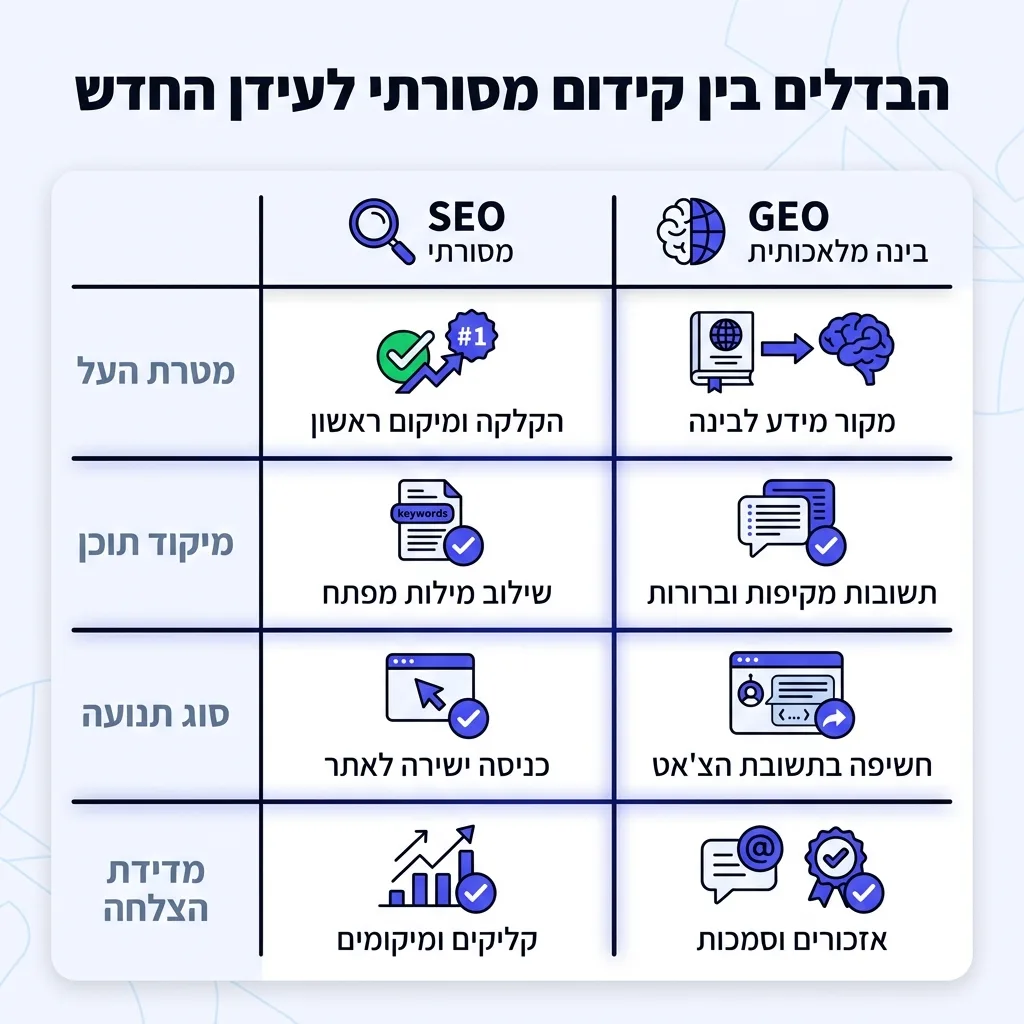 אינפוגרפיקה — הבדלים בין קידום מסורתי לעידן החדש: השוואה בין SEO מסורתי, GEO בינה מלאכותית