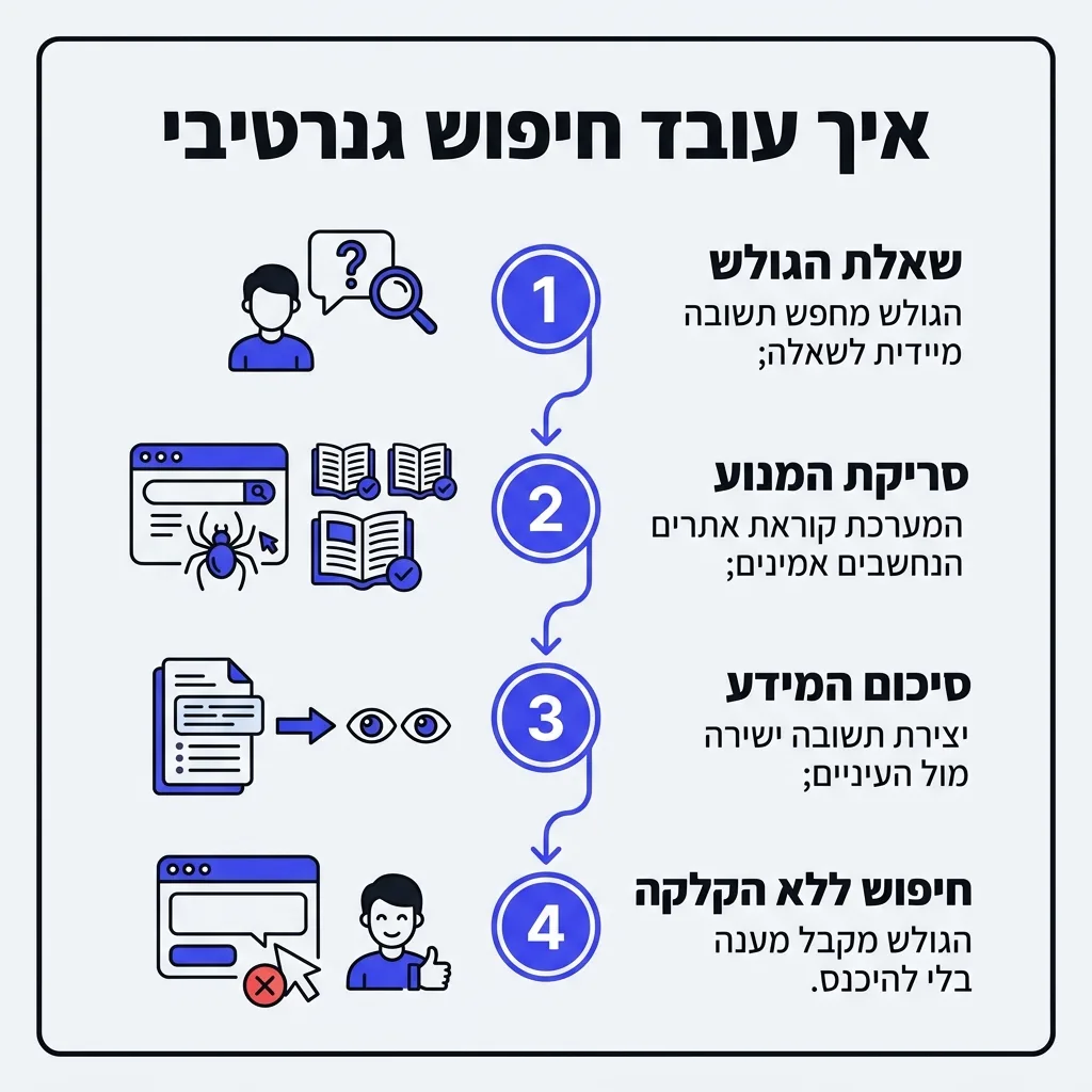 אינפוגרפיקה — איך עובד חיפוש גנרטיבי: שאלת הגולש, סריקת המנוע, סיכום המידע, חיפוש ללא הקלקה