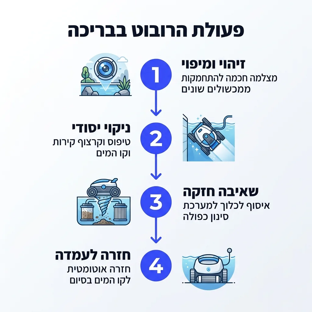 אינפוגרפיקה — פעולת הרובוט בבריכה: זיהוי ומיפוי, ניקוי יסודי, שאיבה חזקה, חזרה לעמדה